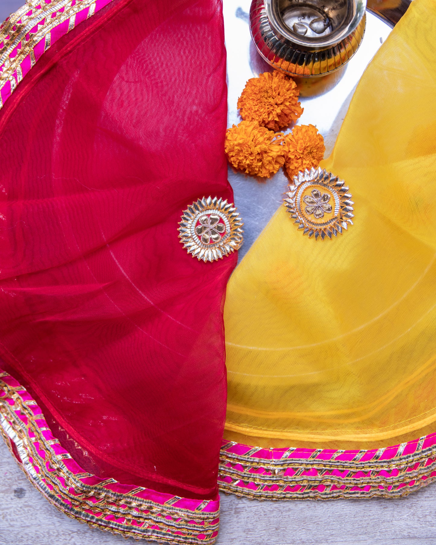 This beautifully crafted gota thali cover is designed to protect and enhance the presentation of your pooja thali.