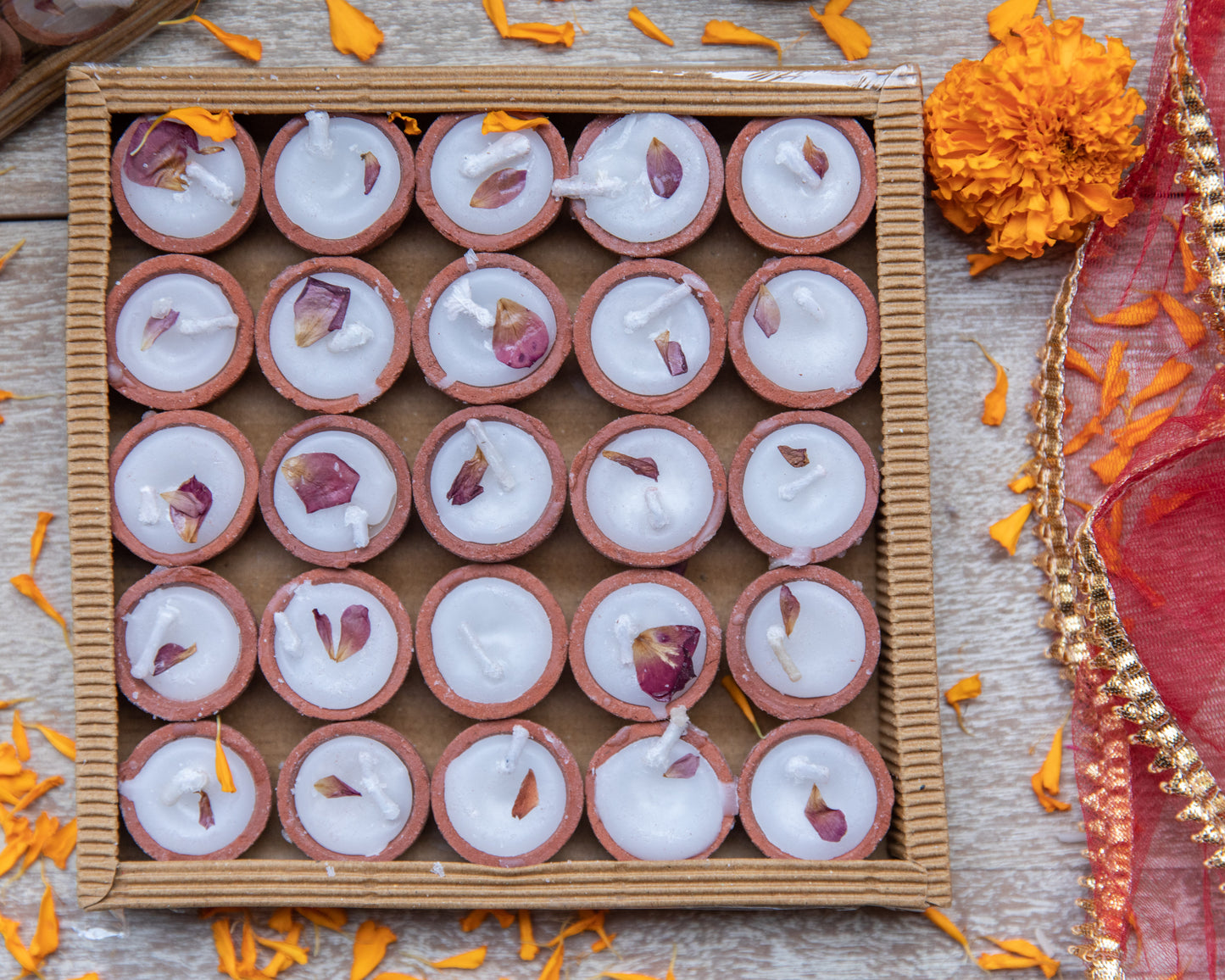 Our Diyas are crafted from 100% soybean wax, comes in a box of 25