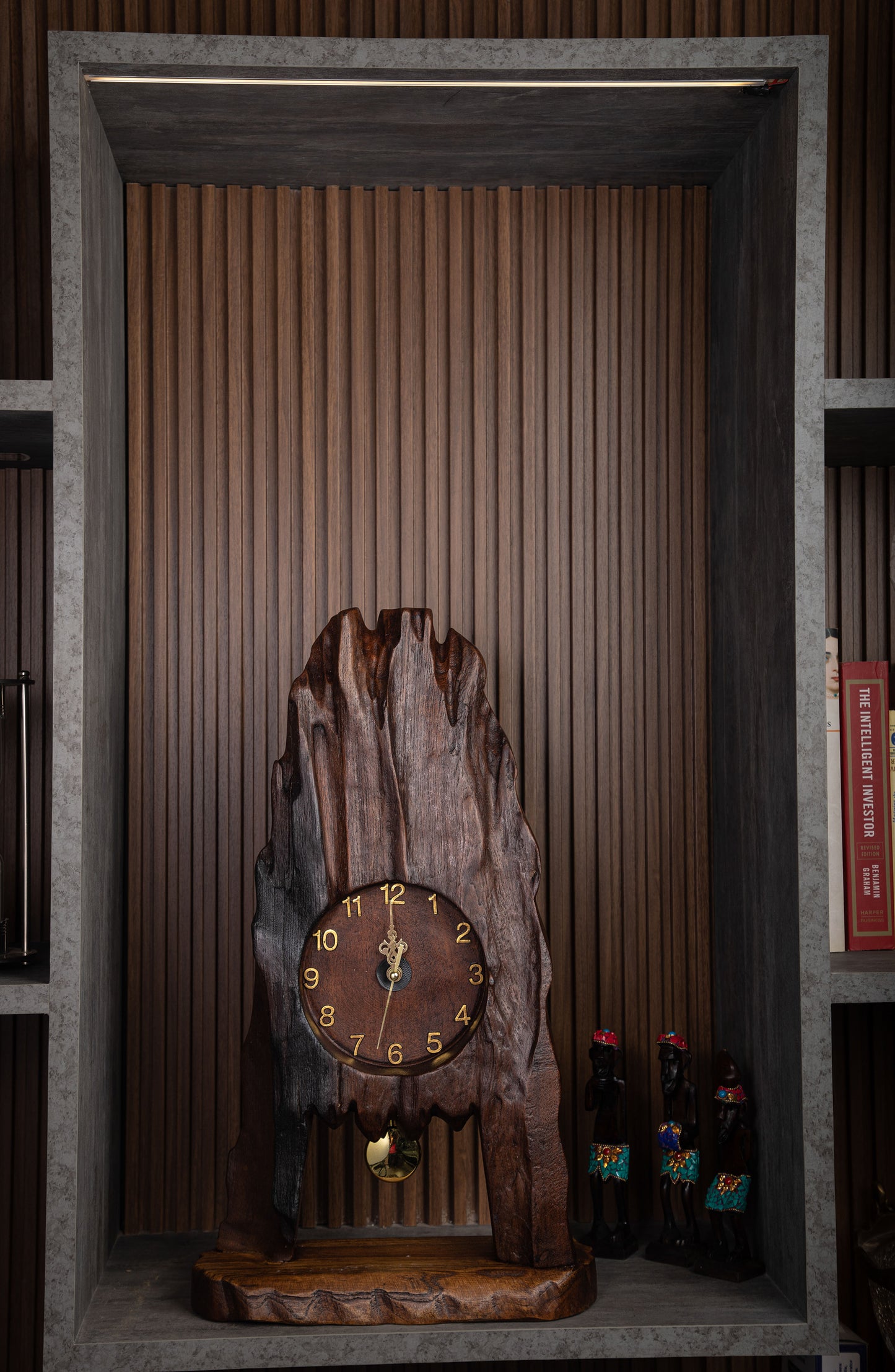 The clock's design draws inspiration from the textures and patterns found in tree bark, capturing the essence of nature's artistry.