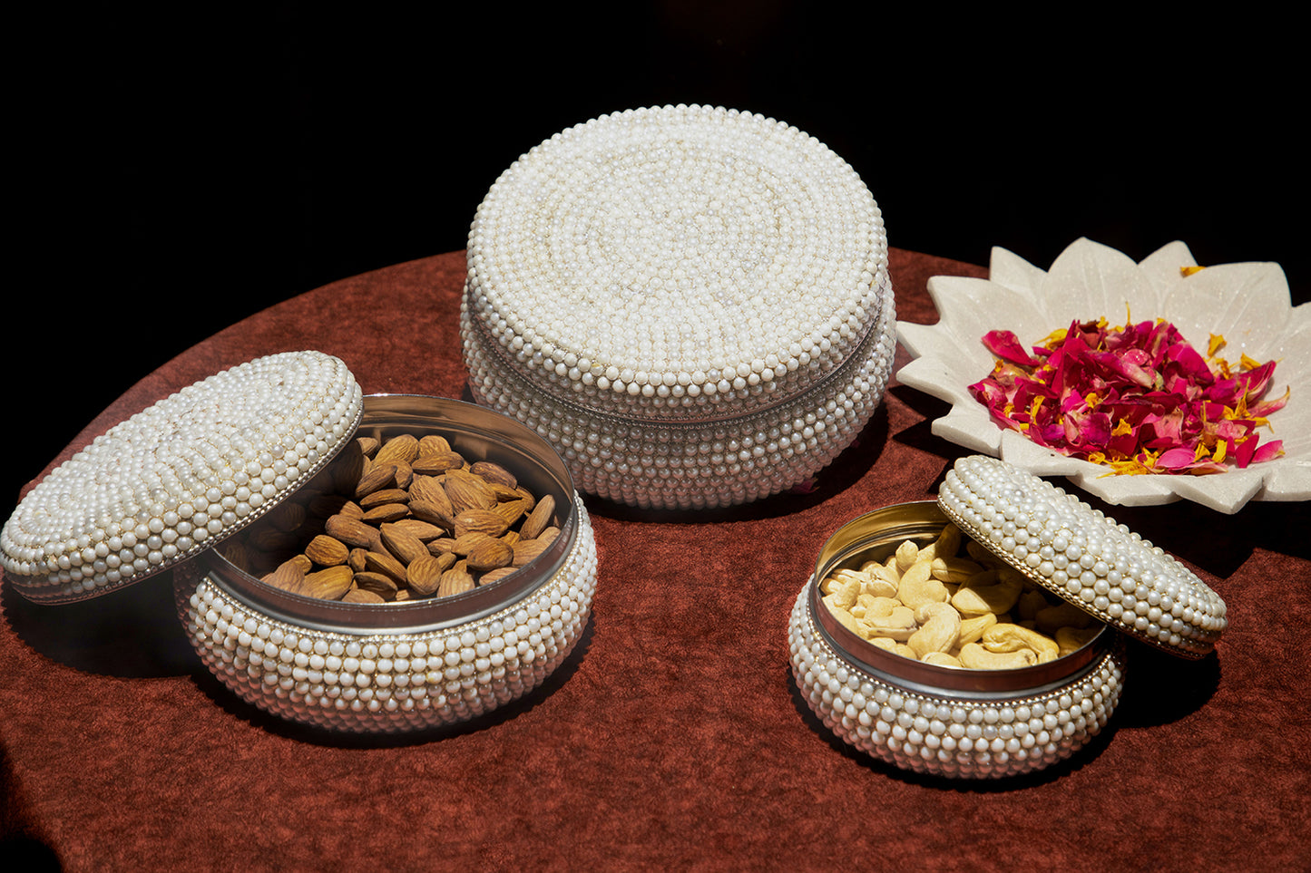 Make your Karwa Chauth Sargi even more special with our Pearl-Adorned Sargi Boxes.