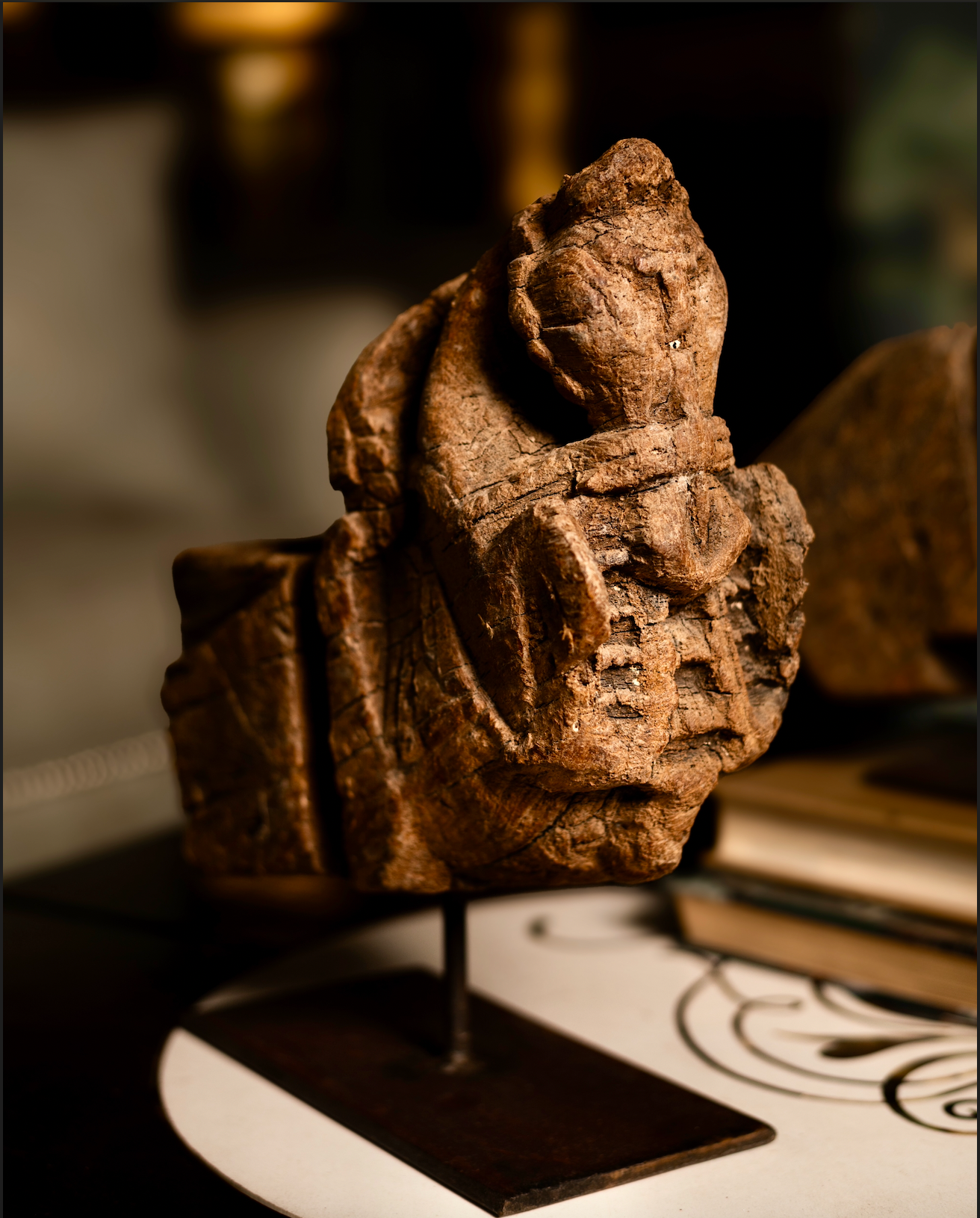 The Rūpa Shilp Sculptures are salvaged wooden fragments reimagined as collectible art. Hand-carved with distinct motifs — one a stylised horse face symbolising vitality and endurance, the other a blossoming flower representing beauty and renewal.