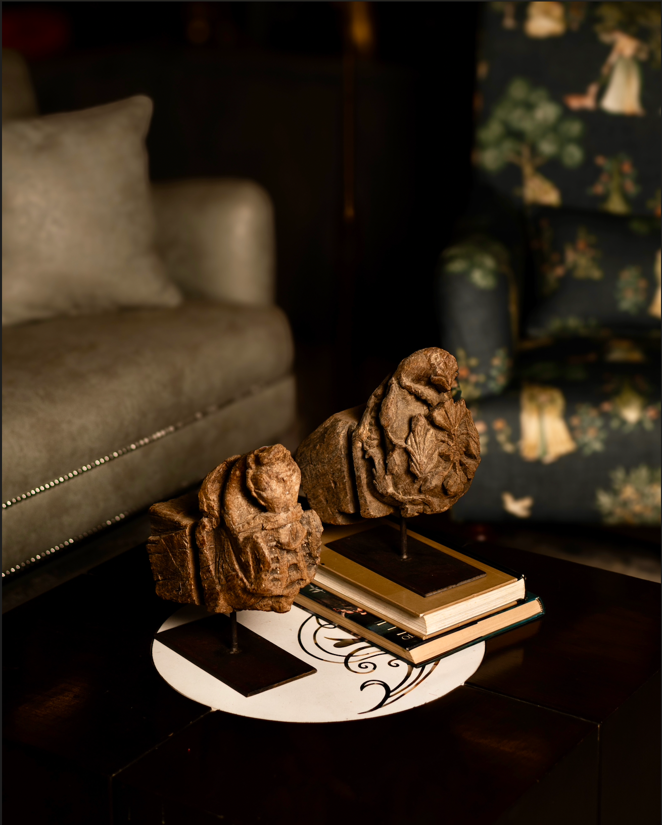 The Rūpa Shilp Sculptures are salvaged wooden fragments reimagined as collectible art. Hand-carved with distinct motifs — one a stylised horse face symbolising vitality and endurance, the other a blossoming flower representing beauty and renewal.
