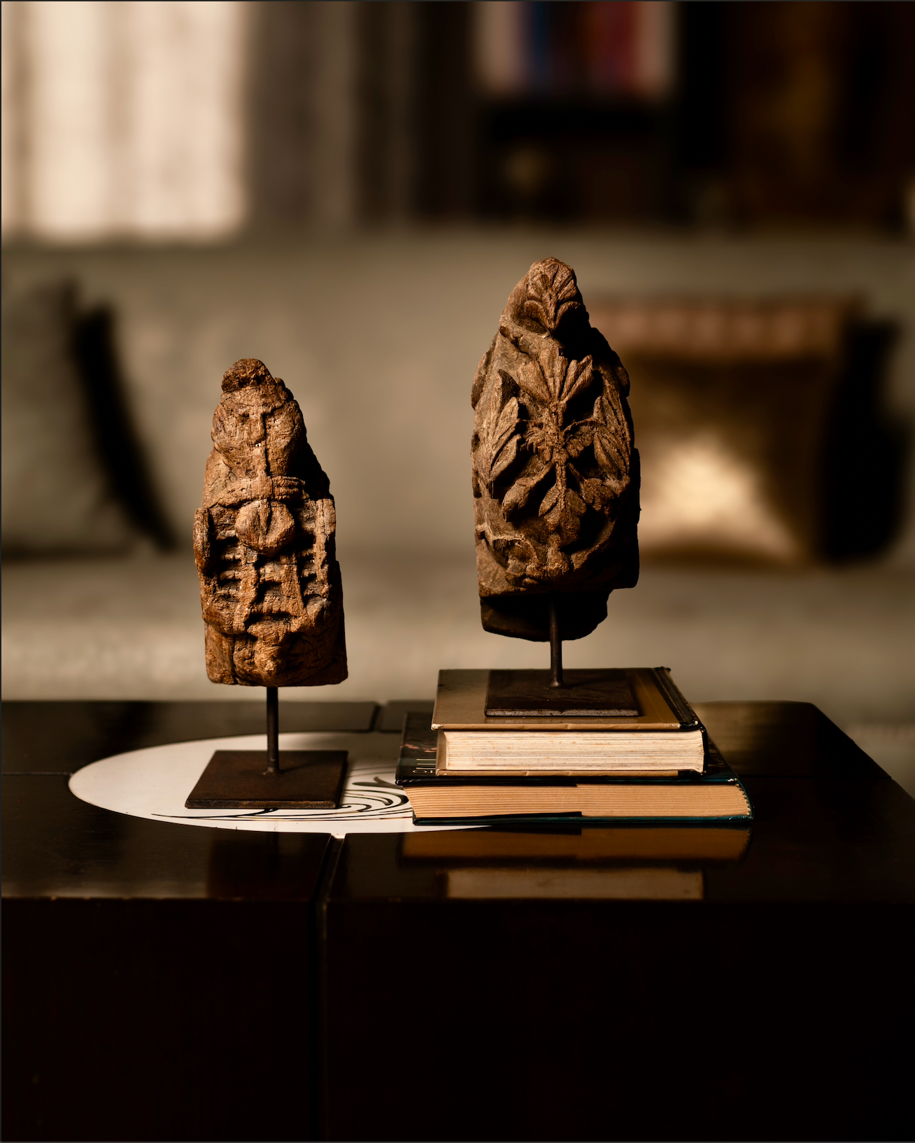 The Rūpa Shilp Sculptures are salvaged wooden fragments reimagined as collectible art. Hand-carved with distinct motifs — one a stylised horse face symbolising vitality and endurance, the other a blossoming flower representing beauty and renewal.
