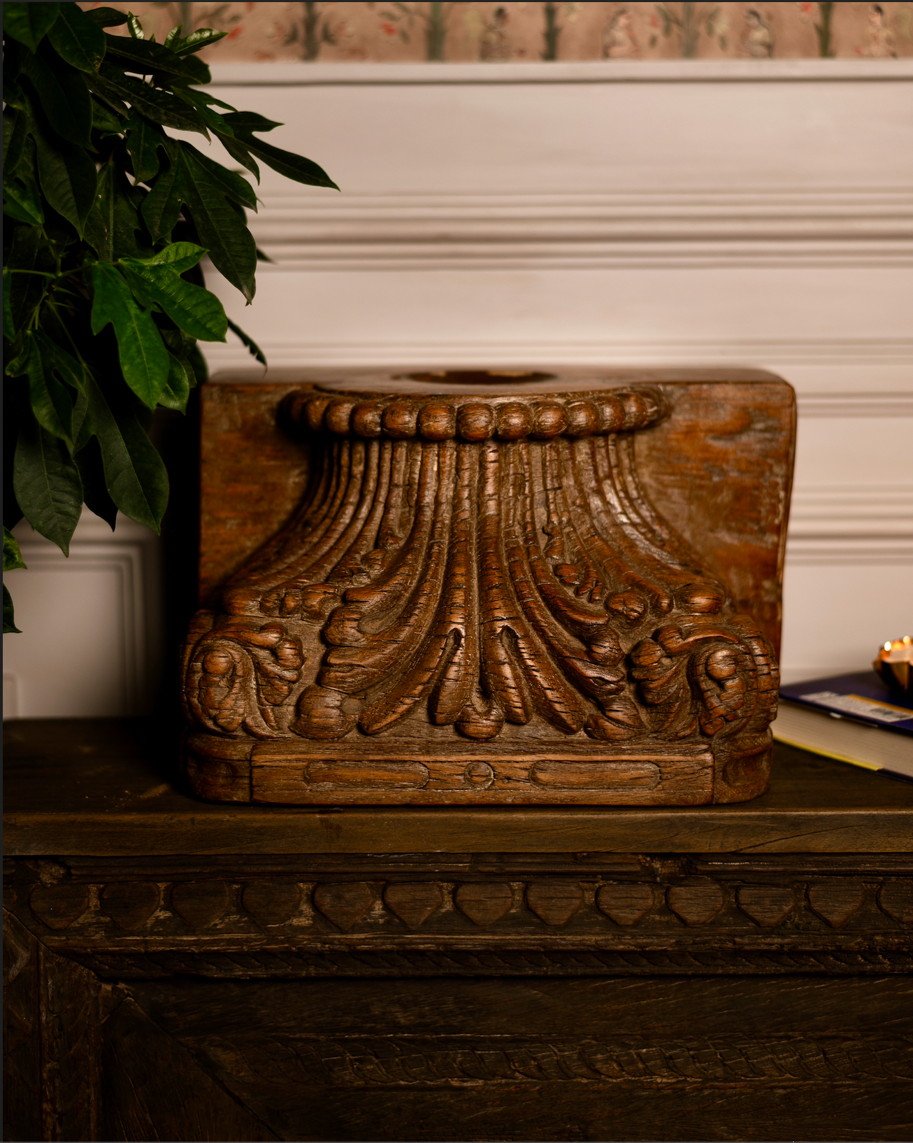 Hand-carved from solid reclaimed wood, the Padma Stambh Candle Pedestal is a statement of timeless grandeur. Its fluted, lotus-inspired detailing and natural aged finish recall fragments of temple architecture, carrying with them a sense of stillness and strength.