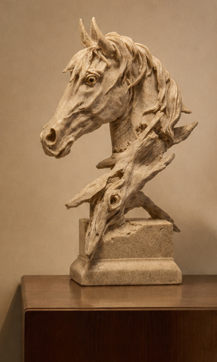 Hand-Carved Horse Sculpture A striking sculptural statement, this horse sculpture is crafted from resin and meticulously hand-carved to reveal its expressive, layered form. A Flowing mane, and textured organic details create a sense of movement and quiet drama.