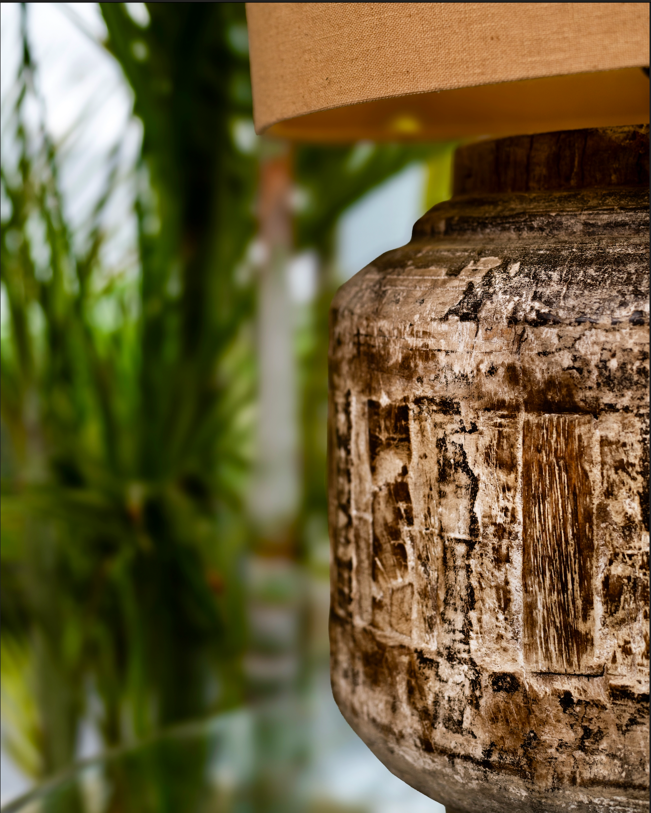 The Vana Prakāsh Table Lamp is a harmony of tradition and nature, hand-turned from solid vintage wood and finished with plant-based, natural colors.
