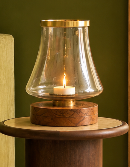 A sculptural tealight holder featuring a hand-blown glass dome in a soft bell shape, finished with a polished brass rim, and set atop a beautifully inlaid wooden base with a brass ring accent.