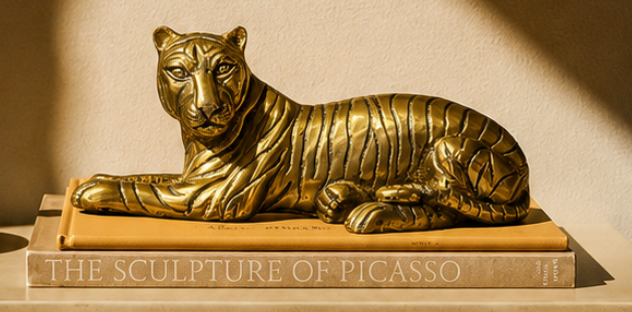 A striking decorative sculpture of a tiger cast in solid brass, captured mid-repose with finely etched stripes and a watchful, alert gaze.