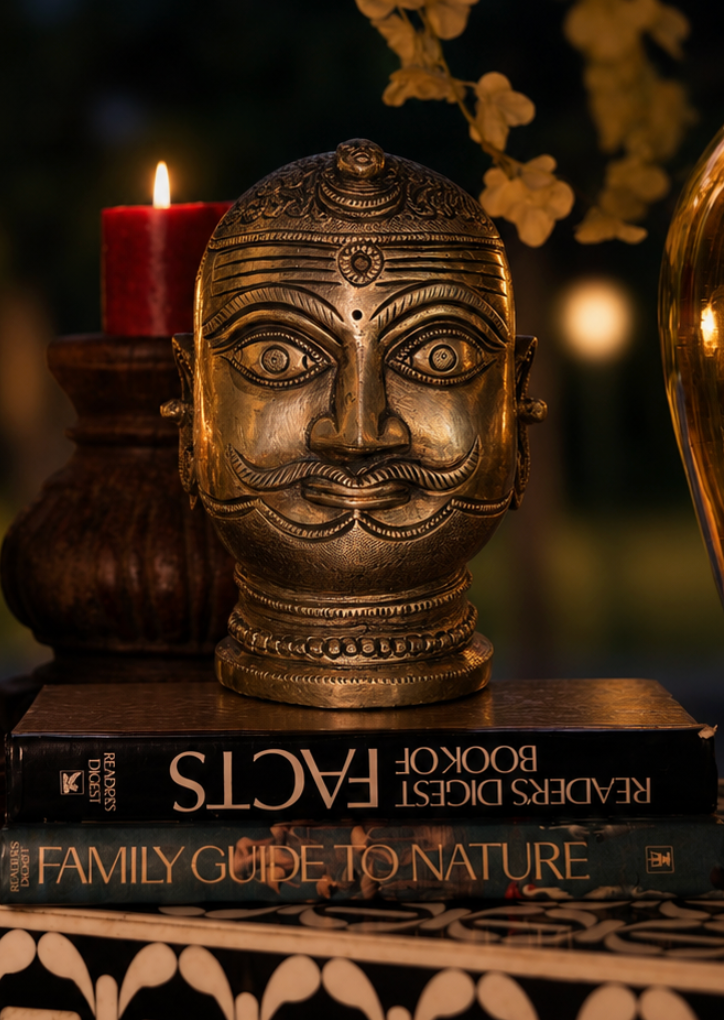 A commanding sculptural bust of Lord Shiva, cast in pure brass and finished by hand.