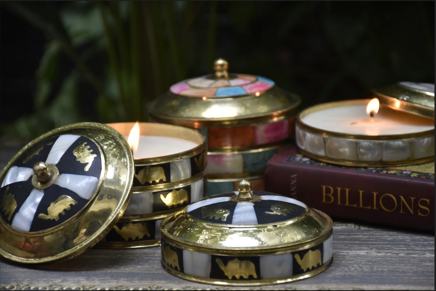 Scented Candles, Made with SoyBean Wax in a Brass container with and Mother of Pearl. These come in SIX different Frangrances.