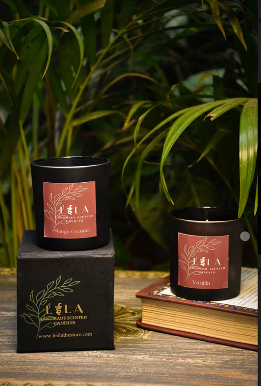 Handmade, Organic, Scented candles with a Black Glass Exterior with upto 18 hours of burn time & comes in 6 Different Scents.