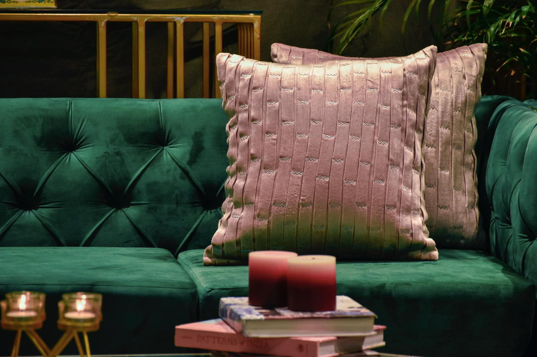 A cotton Velvel Cushion hand made with love, in a blush pink colour with hand stitched weave patterns.