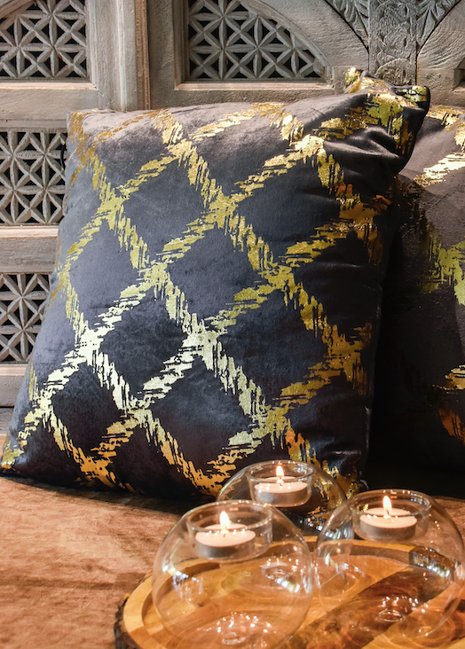 Appealing to the More Sultry Side Of you, our midnight cushion is a stunning piece made with cotton velvet, with gold zagged running throughout. 45 x 45 cm