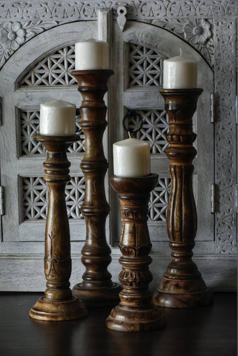 A Set Of 4 Wooden Candle Stands, Hand Carved With Intricate Details, Made Of Mango Wood!