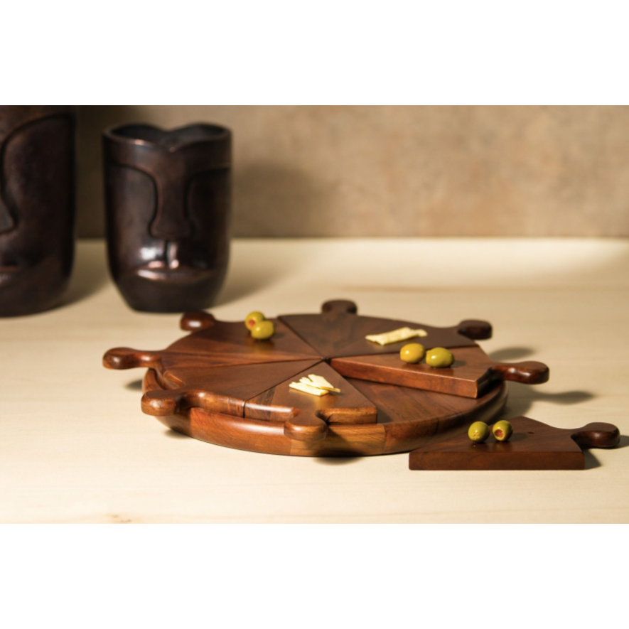 A Wooden Pizza Paddle, made of sheesham wood, makes serving & eating pizza Easier, Consists of 8  sliced pizza paddles on top of a solid wooden base.