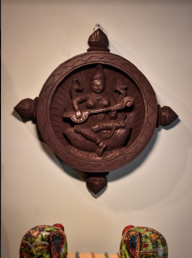 Wooden Wall Decorating Wheels Made in Mango Wood Depicting Goddess Laxmi & Saraswati