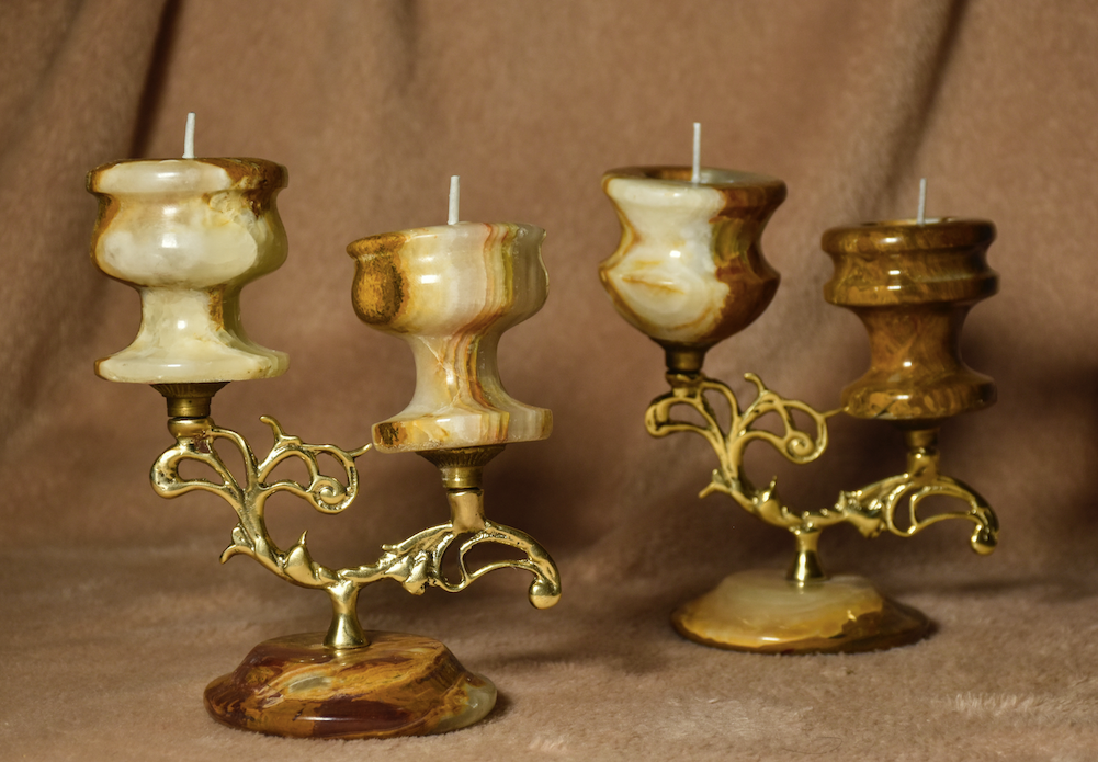 Onyx, Beautifully crafted Into These One Of A Kind Candle Stands. with Dual Candle Holder Mounted On A Brass Stem, Supported With A Onyx Base