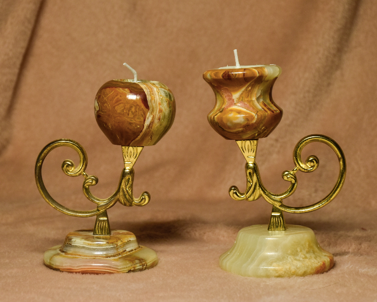 Onyx, Beautifully crafted Into These One Of A Kind Candle Stands. with Candle Holder Mounted On A Brass Stem, Supported With A Onyx Base