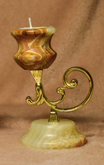 Onyx, Beautifully crafted Into These One Of A Kind Candle Stands. with Candle Holder Mounted On A Brass Stem, Supported With A Onyx Base