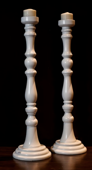 A Pair of Bare White Candle Stands, Made Of Mango Wood, Hand Carved Tpo Perfection. Measurements: - 31.5 inch / 80 cm