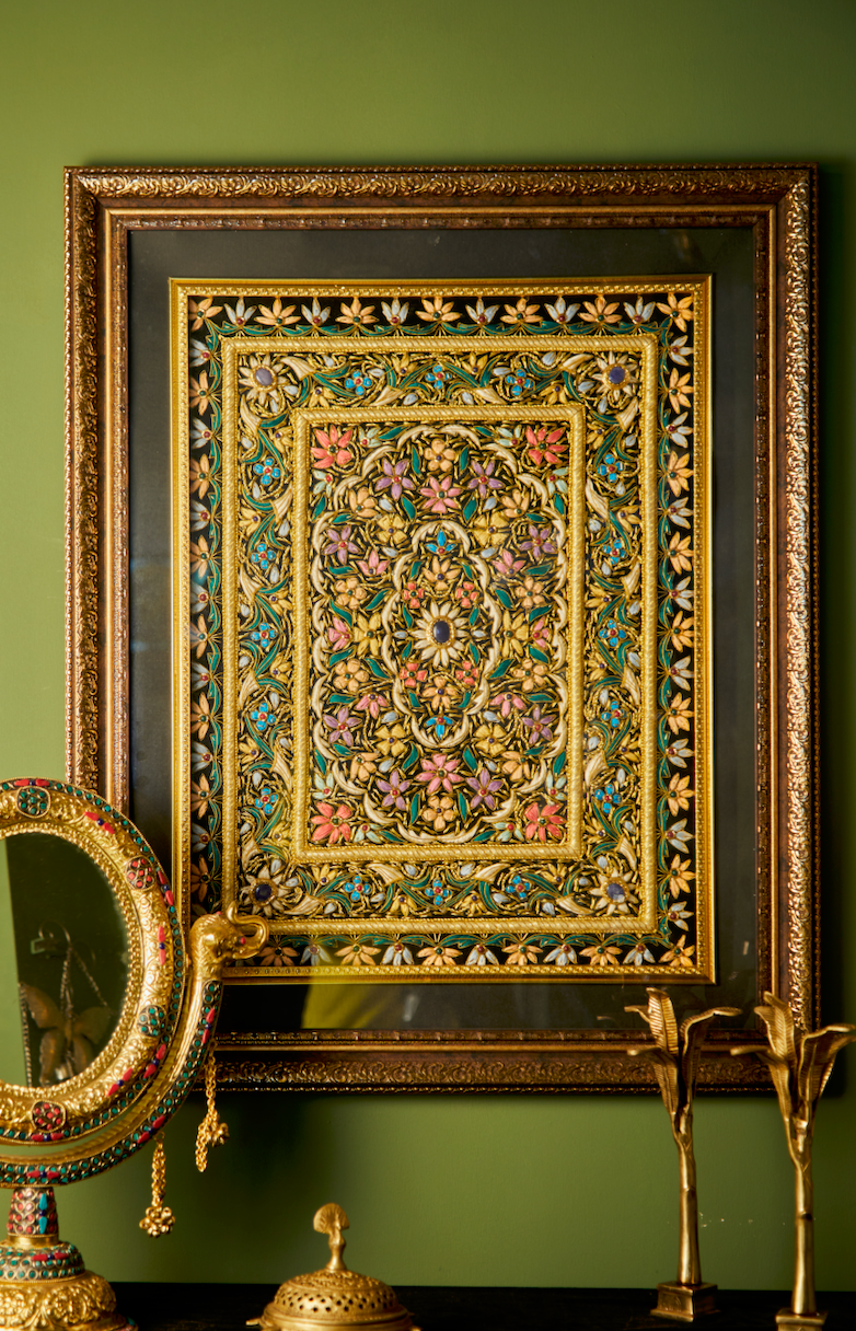 Zardozi Painting with Gold thread, Hand-Stitched On A silk Base, Frames In A Wooden Canvas.