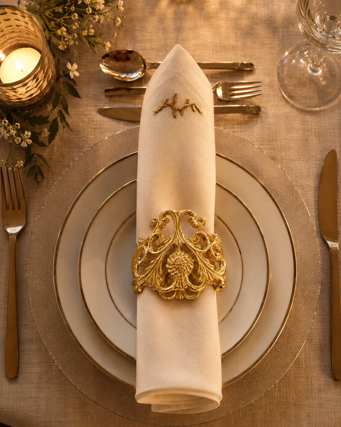 Intricately cast napkin rings in solid brass, featuring a scrolling filigree design with a rosette centerpiece reminiscent of antique heirloom detailing.