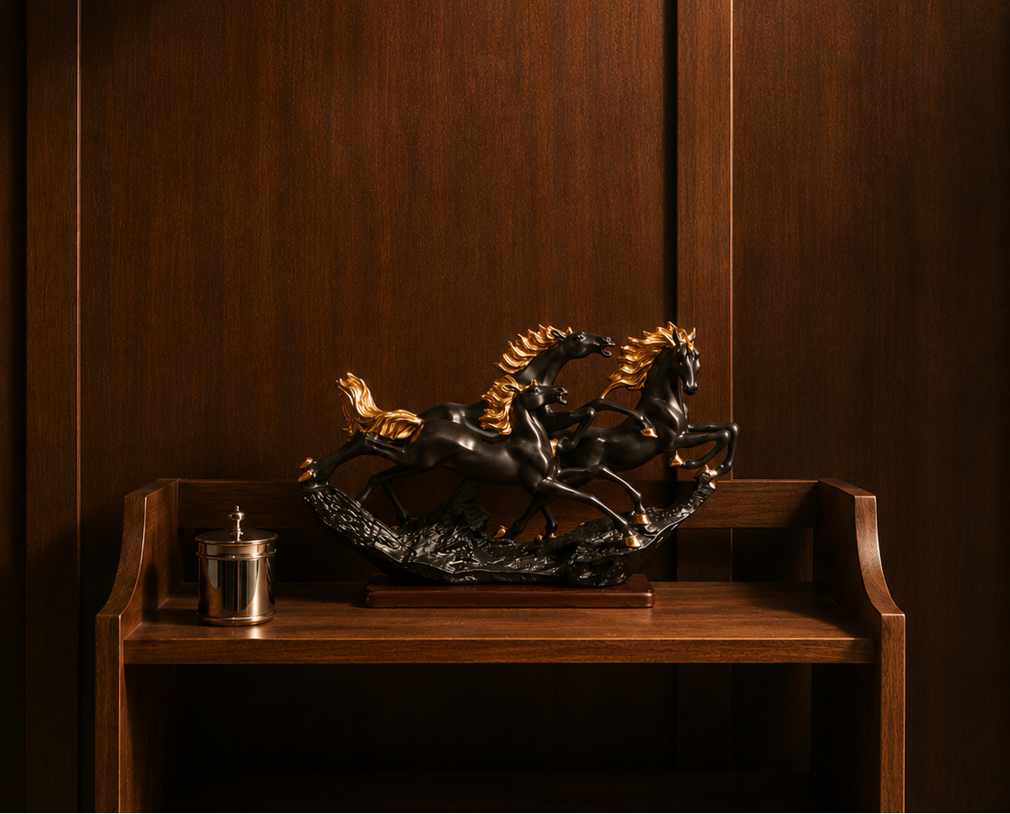 Crafted in premium resin and mounted on a rich wooden base, the matte black finish, paired with golden detailing on the manes and hooves, adds a touch of grandeur to this dynamic piece. 