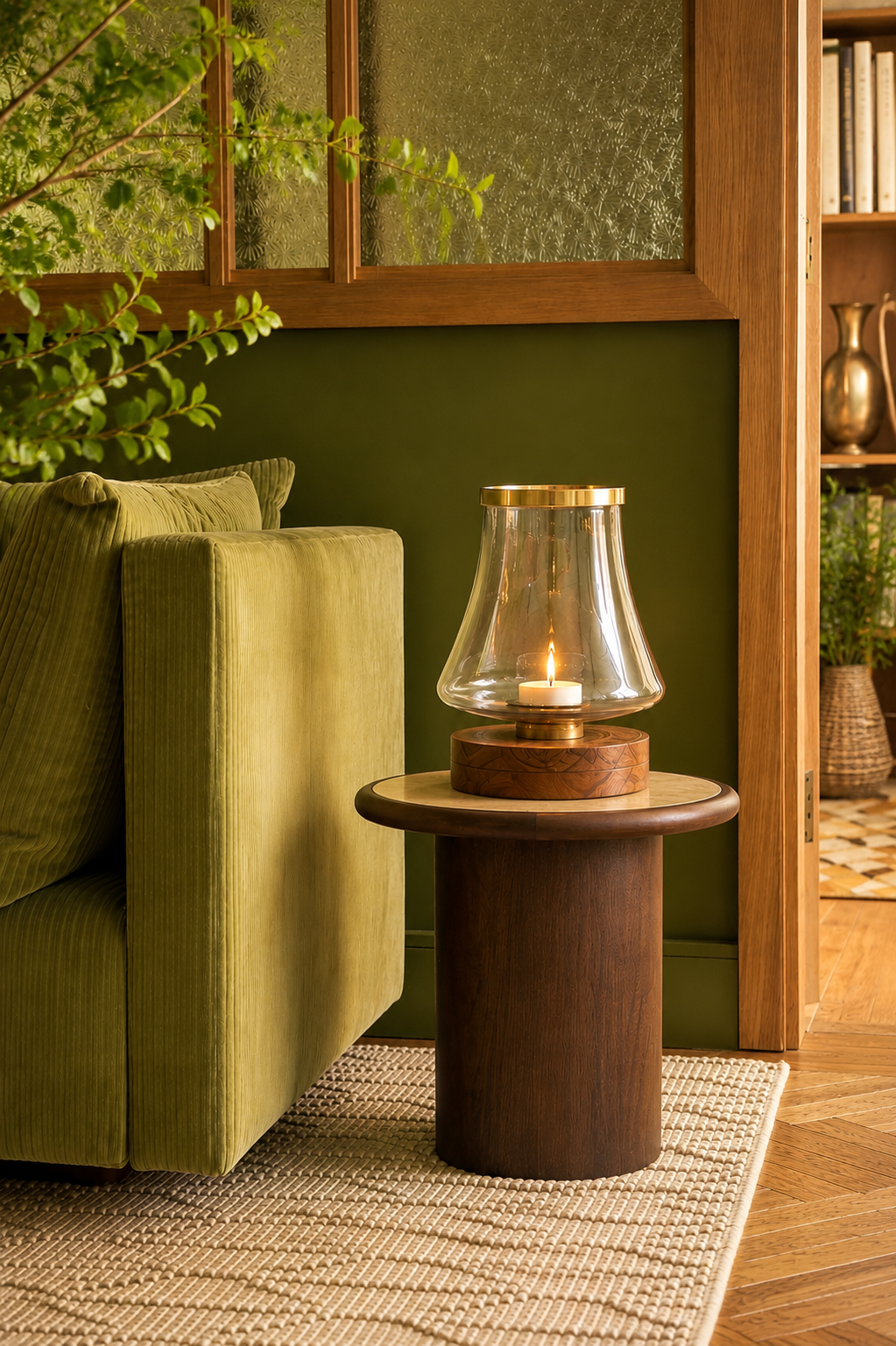 A sculptural tealight holder featuring a hand-blown glass dome in a soft bell shape, finished with a polished brass rim, and set atop a beautifully inlaid wooden base with a brass ring accent.