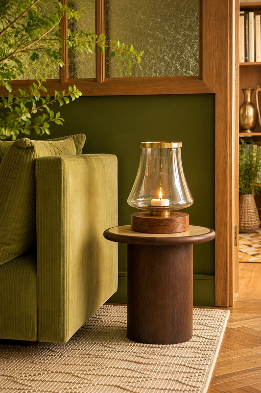 A sculptural tealight holder featuring a hand-blown glass dome in a soft bell shape, finished with a polished brass rim, and set atop a beautifully inlaid wooden base with a brass ring accent.