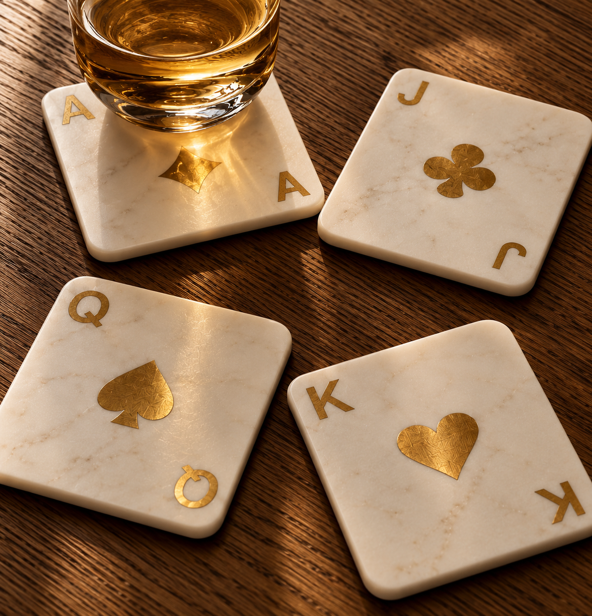 No Diwali is complete without the clink of glasses and a lively game of taash with family and friends. Our playing card coasters bring that cherished tradition straight to your table, crafted from pure white marble and inlaid with gleaming gold-finished brass suits. 