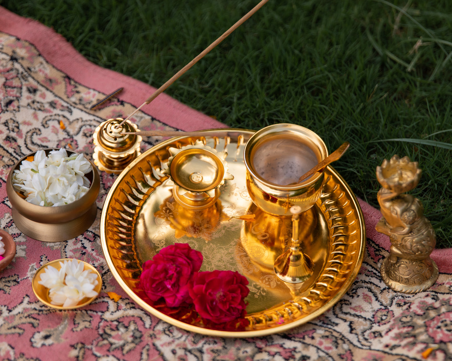 Gold Plated Pooja Thali Used in hindu pooja/havan with a spoon, lota, diya, incense holder & thali.