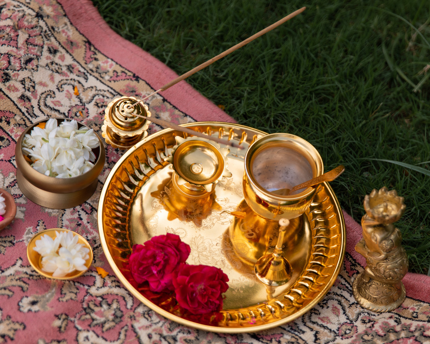 Gold Plated Pooja Thali Used in hindu pooja/havan with a spoon, lota, diya, incense holder & thali.