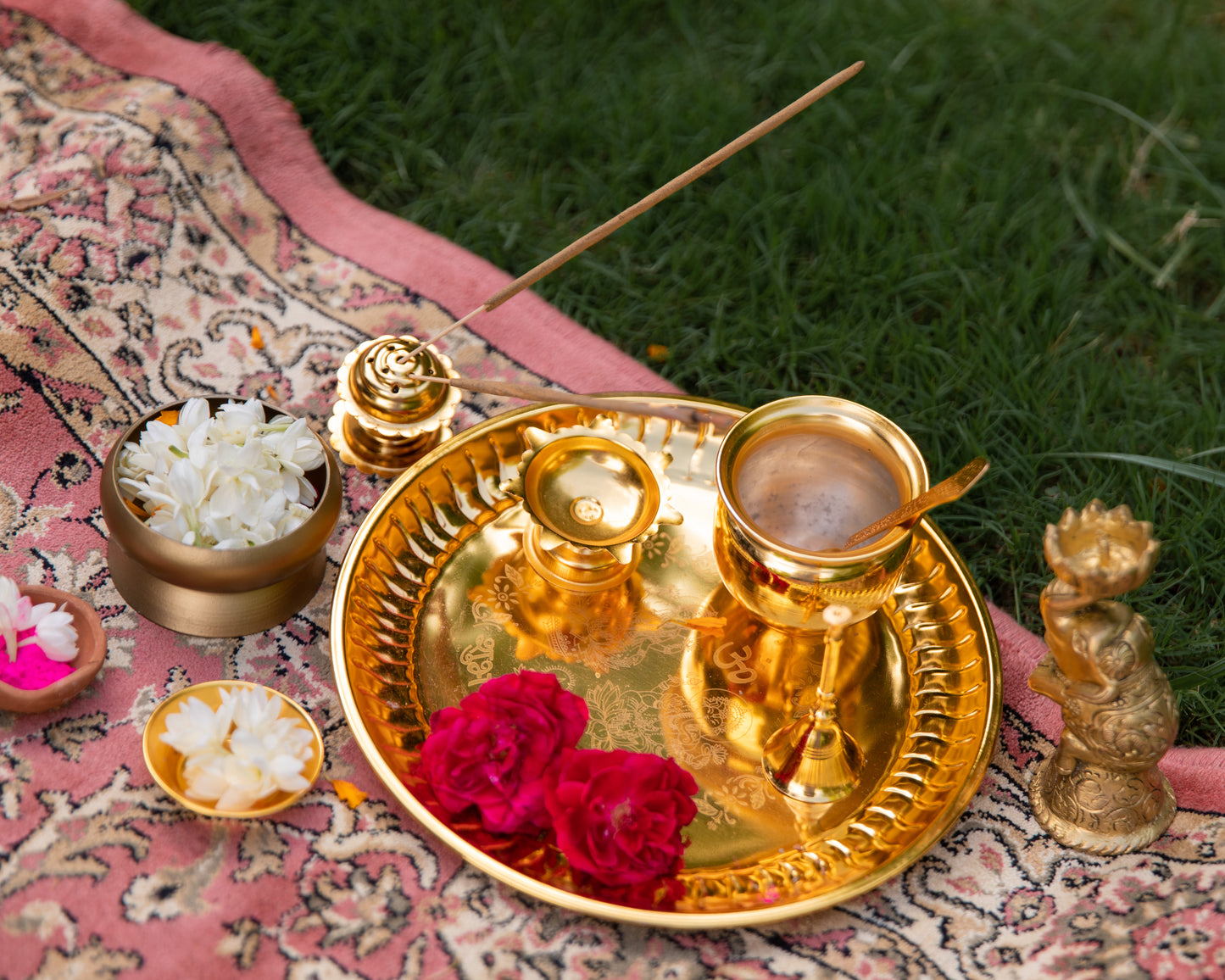 Gold Plated Pooja Thali Used in hindu pooja/havan with a spoon, lota, diya, incense holder & thali.