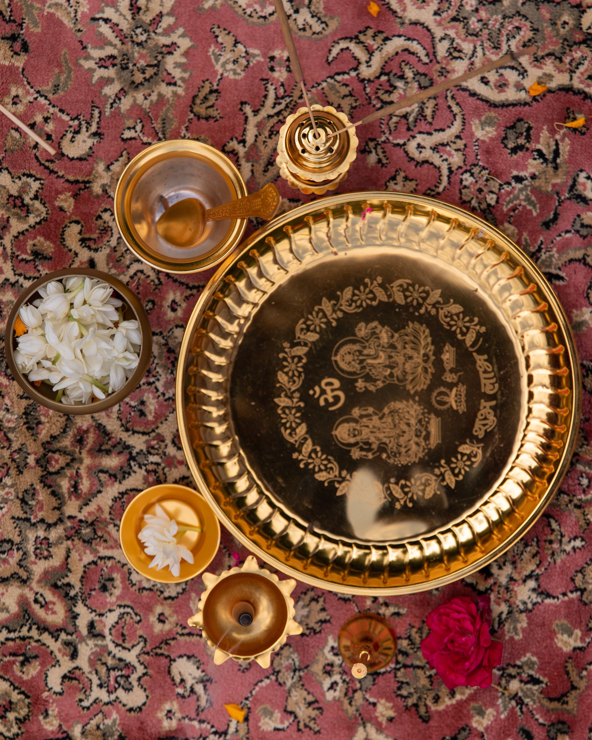 Gold Plated Pooja Thali Used in hindu pooja/havan with a spoon, lota, diya, incense holder & thali.