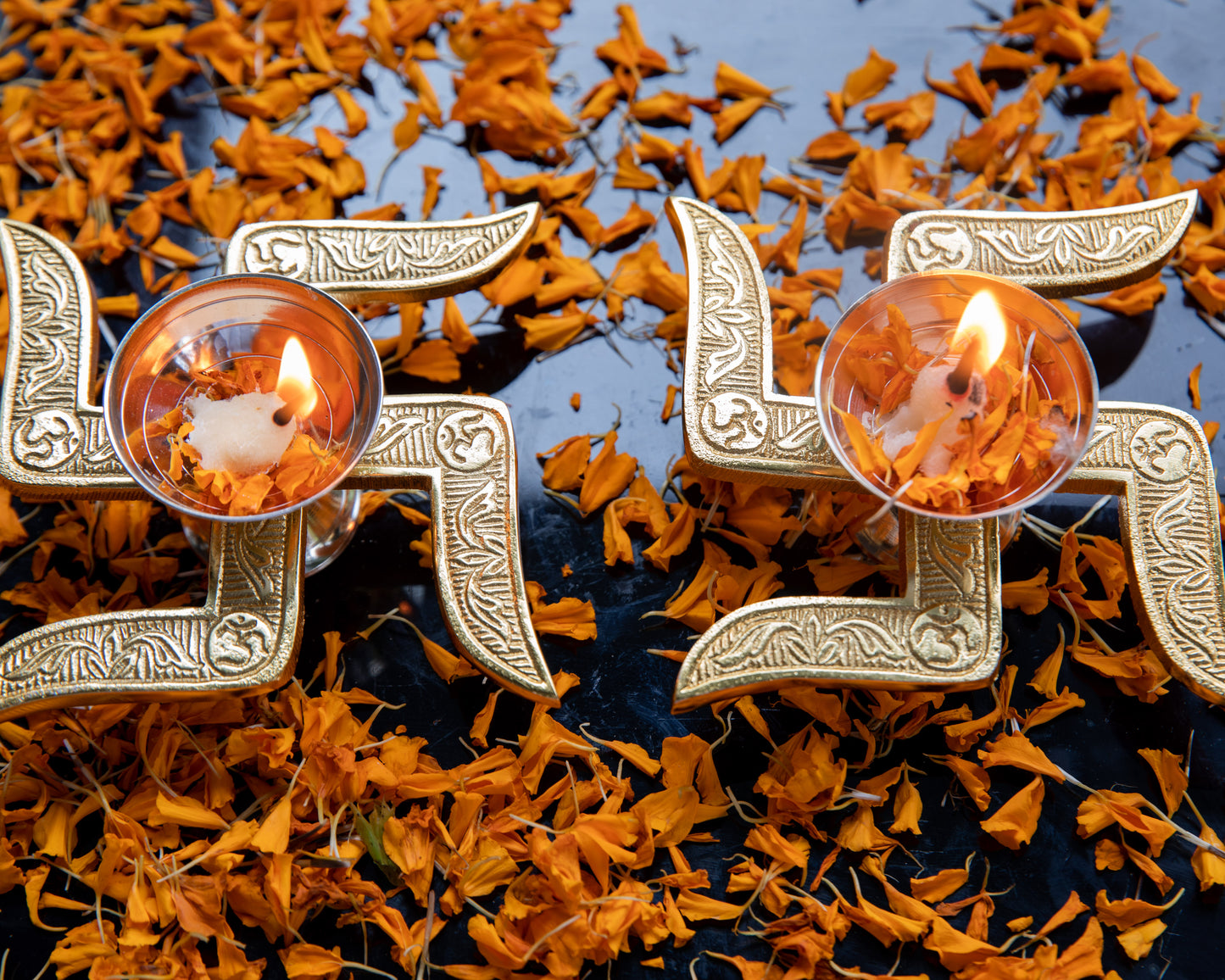 Our Swastik Diya features a radiant blend of gold and silver plating, creating a lustrous and timeless glow when lit.