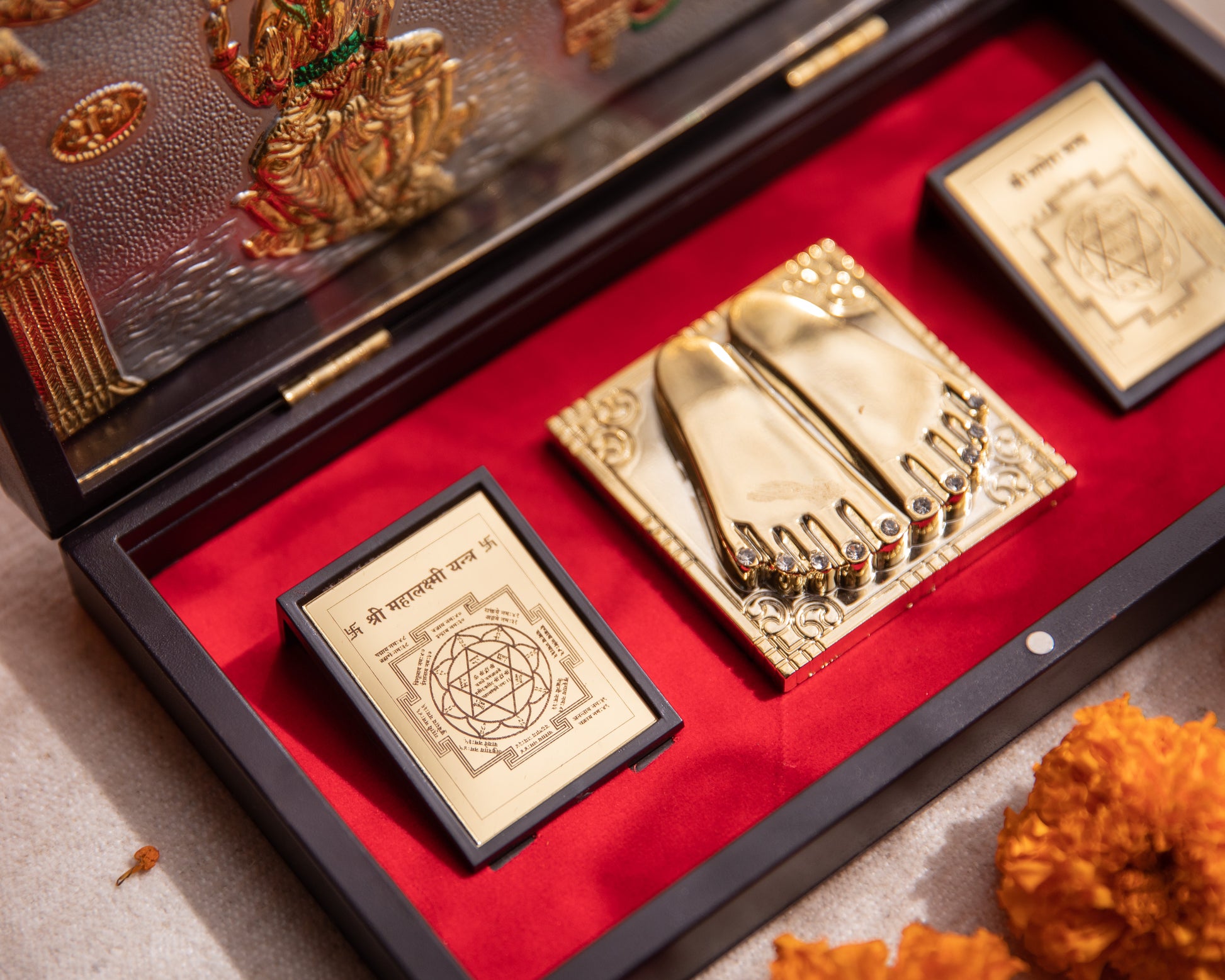 LeelaTheStore’s 24K Pooja Box comes as wooden box with the imagery wrapped using 24KT gold foil.  