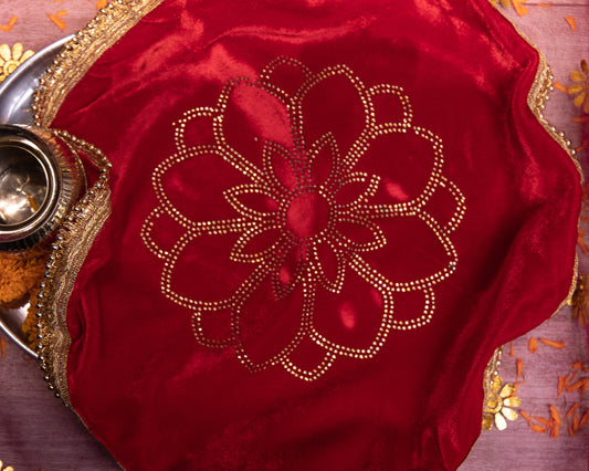 Our Red Velvet Thali Cover is made from beautiful velvet fabric, which not only feels soft to the touch but also radiates opulence and sophistication.