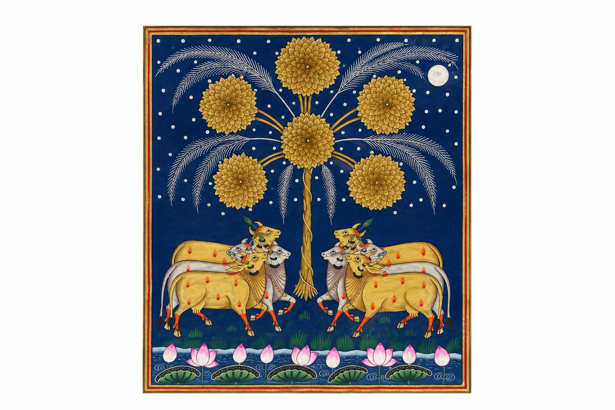 Born over four centuries ago in the temple town of Nathdwara, Rajasthan, Pichvai (from the Sanskrit pichh, "back," and wai, "hanging") are devotional paintings created to hang behind the idol of Shrinathji — Lord Krishna in his beloved child form. 