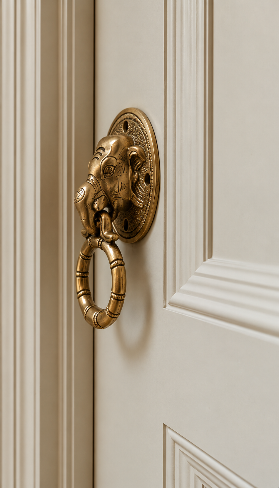 For centuries, palace gates, temples and havelis were adorned with guardian figures in brass, and this collection carries that tradition to your own threshold. Each knocker is crafted in pure brass and rich with hand-finished detail.
