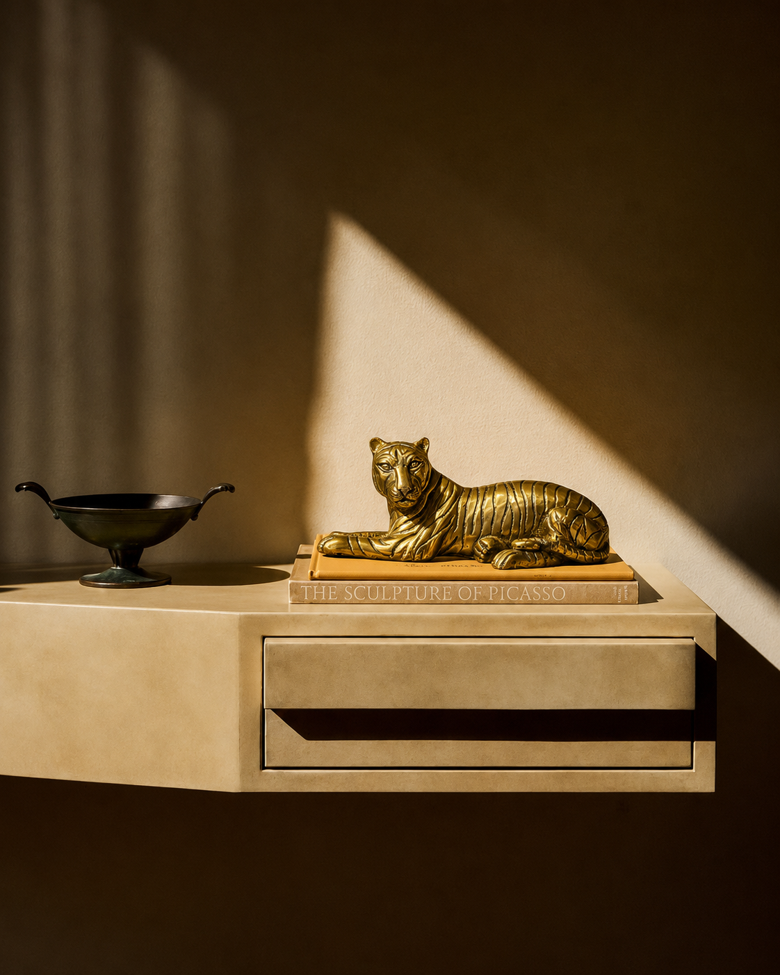 A striking decorative sculpture of a tiger cast in solid brass, captured mid-repose with finely etched stripes and a watchful, alert gaze. 