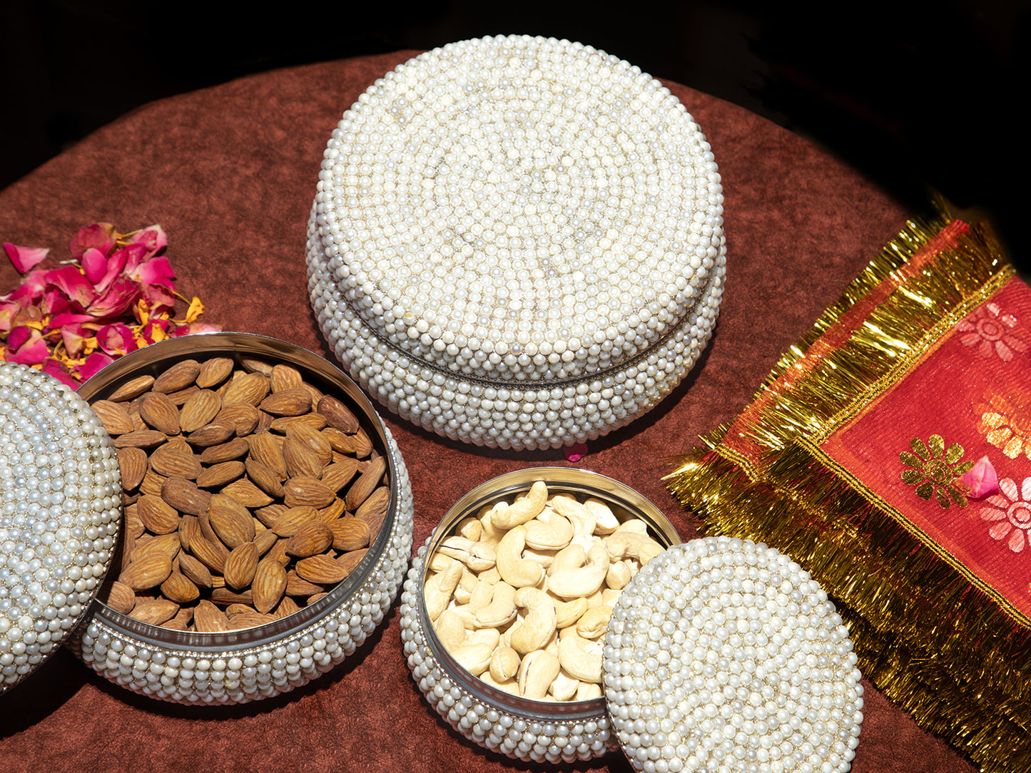 Make your Karwa Chauth Sargi even more special with our Pearl-Adorned Sargi Boxes.