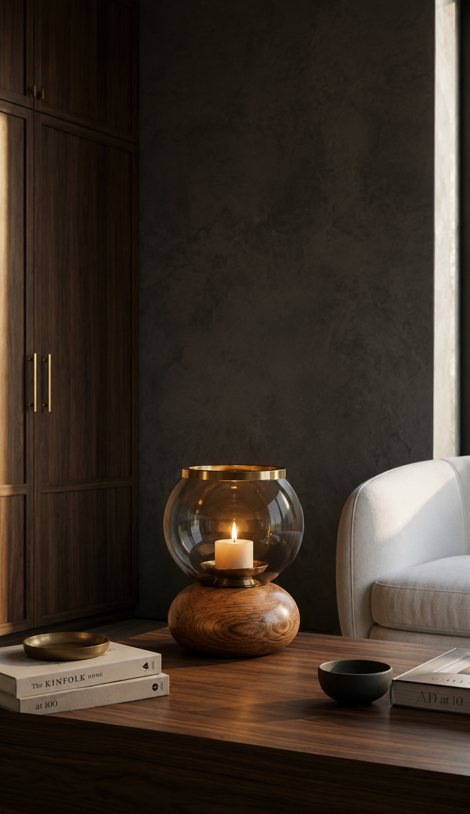 Softly sculptural candle holder featuring a rounded, pebble-like wooden base topped with a brass-rimmed glass globe. 