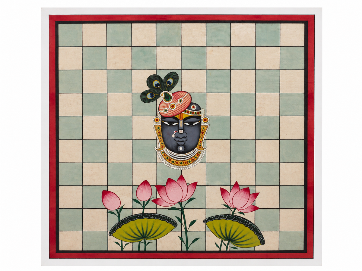 Born over four centuries ago in the temple town of Nathdwara, Rajasthan, Pichvai (from the Sanskrit pichh, "back," and wai, "hanging") are devotional paintings created to hang behind the idol of Shrinathji — Lord Krishna in his beloved child form. 