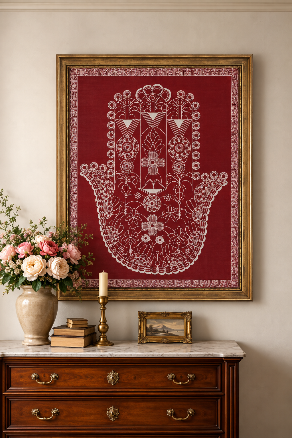 This piece is rooted in Aipan, the ritual folk art of Kumaon in Uttarakhand. For generations, women in the hills have drawn Aipan on floors, walls and doorways to invite blessings into the home. Aipan art, Kumaoni folk art, Uttarakhand handmade wall art.