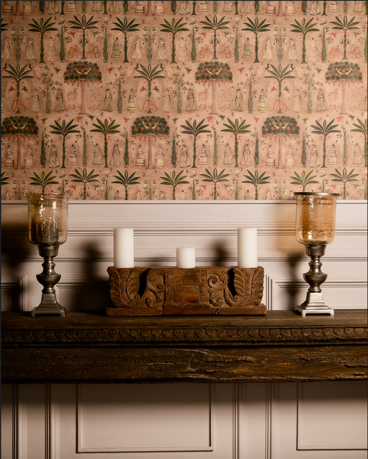 The Samya Stambh celebrates symmetry and proportion in handcrafted design. Carved from solid reclaimed wood with a natural aged patina, its elongated form and balanced flower motifs create harmony between heritage and modern styling.