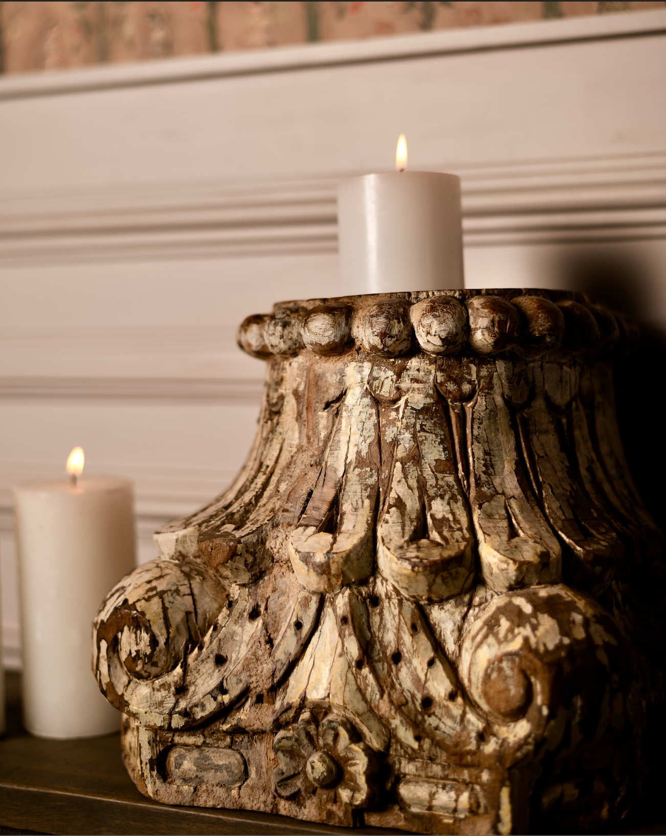 Hand-carved from reclaimed solid wood, the Ratna Stambh Candle Pedestal is a fragment of heritage reimagined for modern homes. Its intricate floral motifs, fluted carvings, and weathered patina evoke the richness of temple and haveli architecture