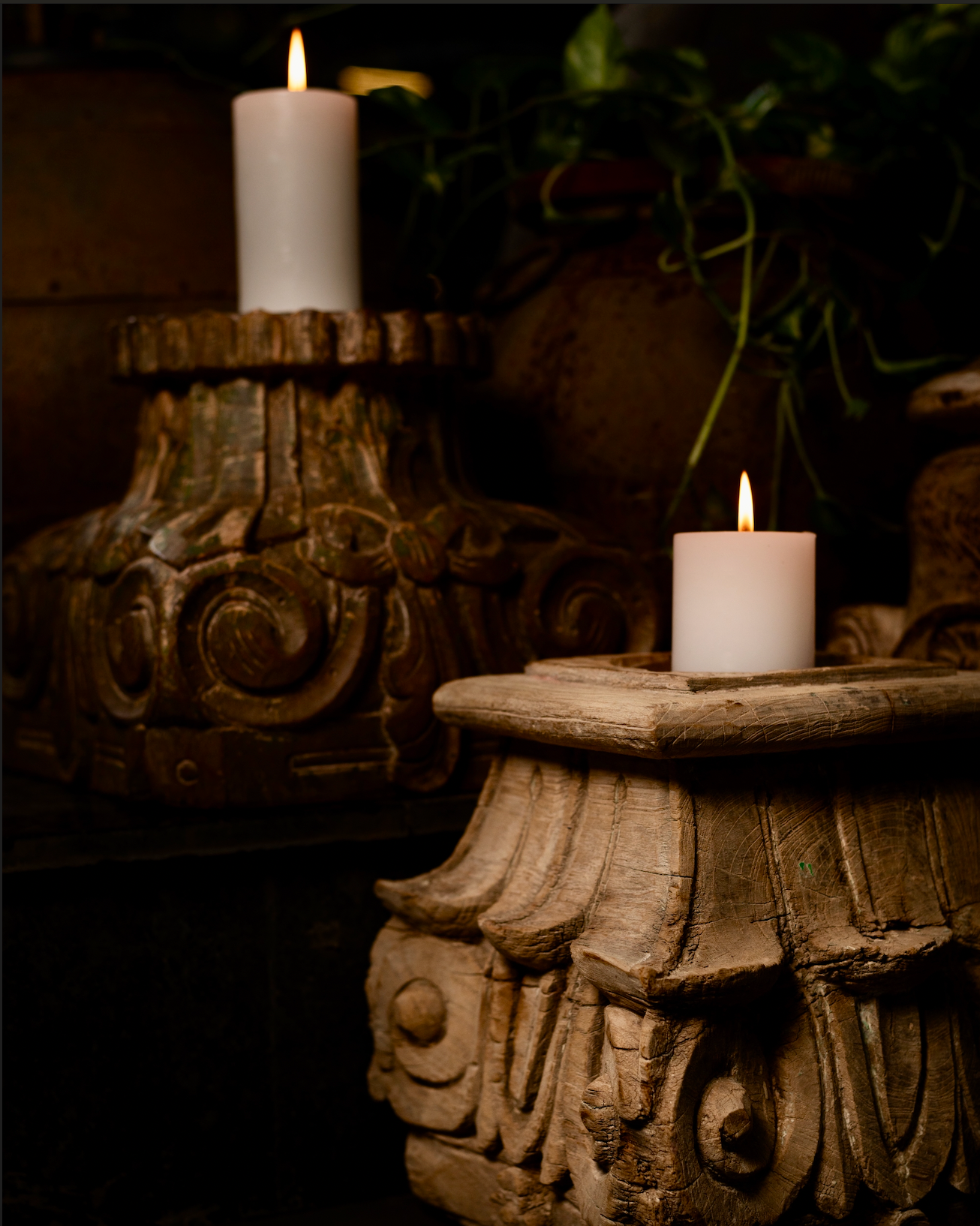 The Stambh Jyoti Candle Pedestal draws its inspiration from classical Indian architecture — carved from solid wood and finished in natural, earthy tones