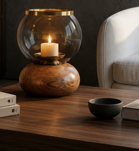 Softly sculptural candle holder featuring a rounded, pebble-like wooden base topped with a brass-rimmed glass globe. 