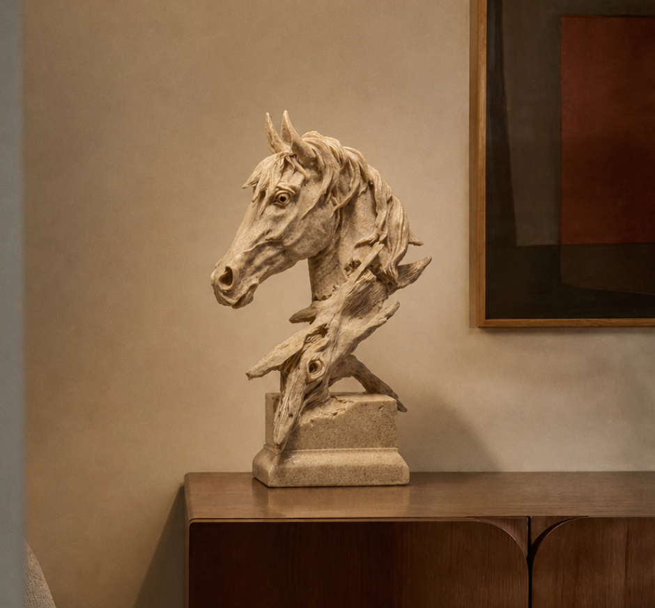 Hand-Carved Horse Sculpture A striking sculptural statement, this horse sculpture is crafted from resin and meticulously hand-carved to reveal its expressive, layered form. A Flowing mane, and textured organic details create a sense of movement and quiet drama. 