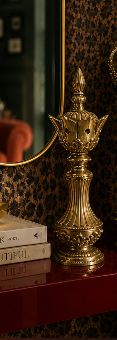 A sculptural set of oversized chess figures, cast in pure brass and finished by hand — the crowned King, the poised Bishop, and the spirited Knight, each rendered with intricate detail from the fluted columns to the ornate crown and flowing mane. 